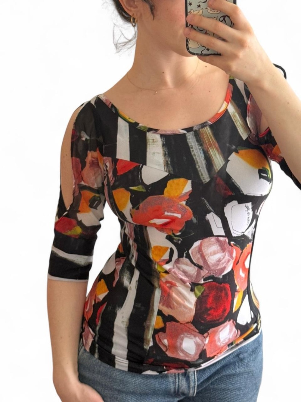 NWT Save The Queen Cold-Shoulder Scoop Neck Top - Black Multi